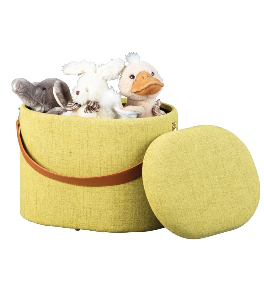 Pouf giallo con contenitore e maniglia in ecopelle, 42x30x36cm