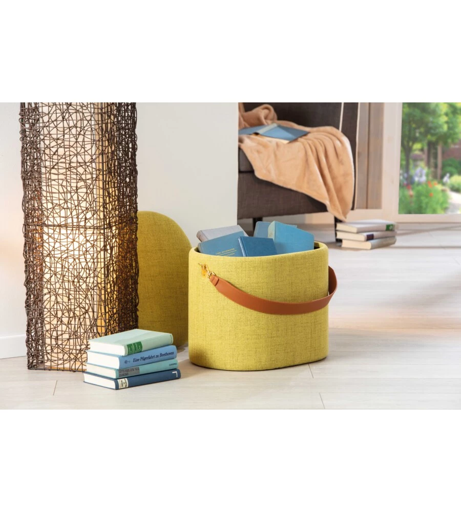 Pouf giallo con contenitore e maniglia in ecopelle, 42x30x36cm