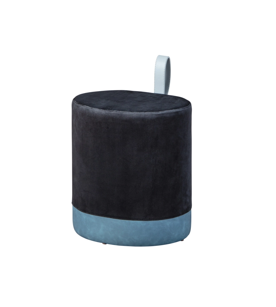 Pouf nero e azzurro con maniglia in ecopelle, 38x32,5x43 cm