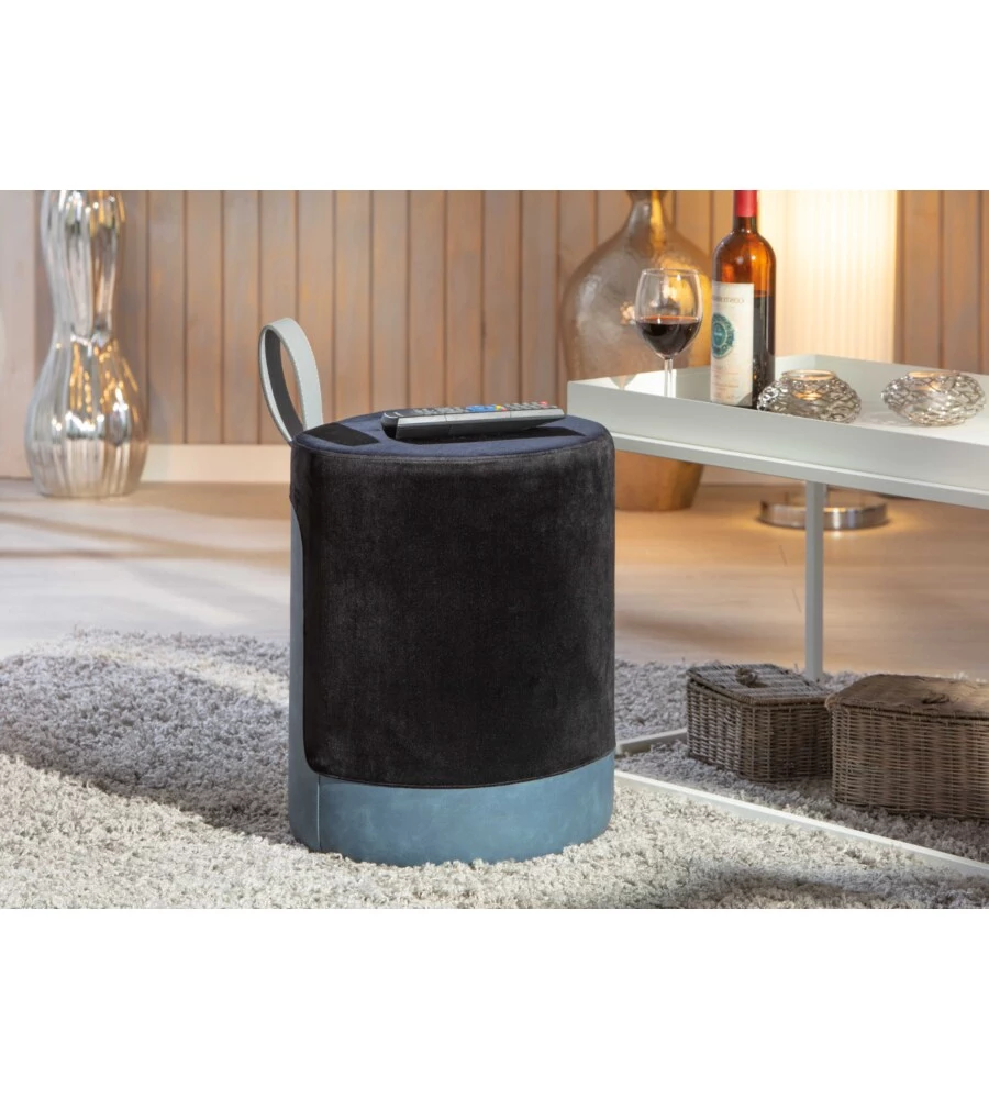 Pouf nero e azzurro con maniglia in ecopelle, 38x32,5x43 cm