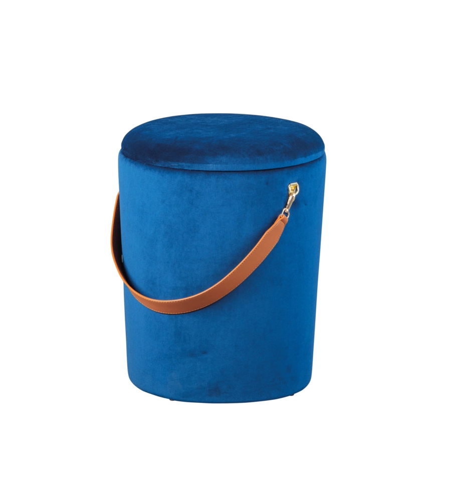 Pouf "secchiello" in velluto blu con maniglia, 35x35x45 cm