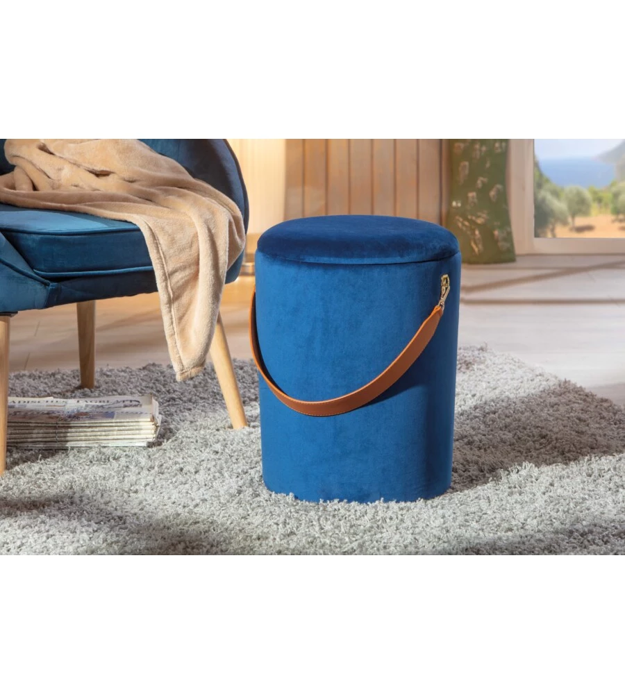 Pouf "secchiello" in velluto blu con maniglia, 35x35x45 cm