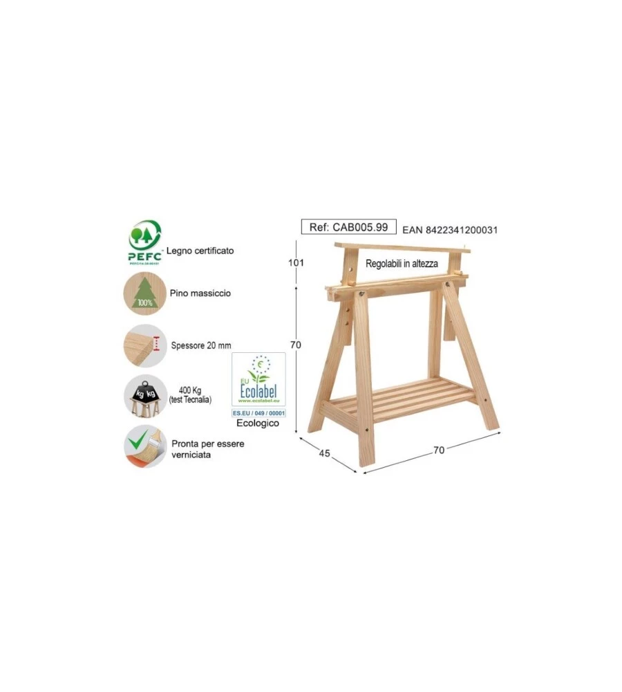 Cavalletto in pino regolabile - in legno di pino sostenibile - 70x70x45 cm