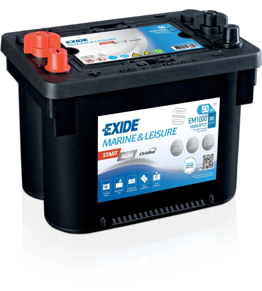 Batteria exide marine em1000 start agm 12v 50ah sx spunto 800 - l260 x h206 x p173.