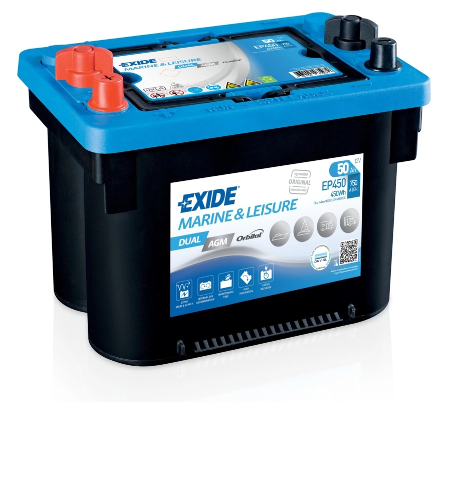 Batteria exide marine ep450 dual agm 12v 50ah sx spunto 750 - l260 x h206 x p173.