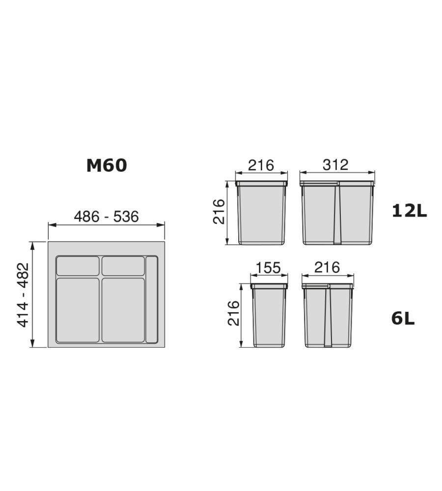 Contenitori per raccolta differenziata 12l+6l+6l per modulo 60 cm, emuca