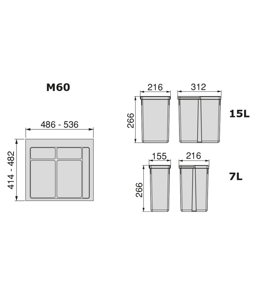 Contenitori per raccolta differenziata 12l+7l+7l modulo 60 cm, emuca