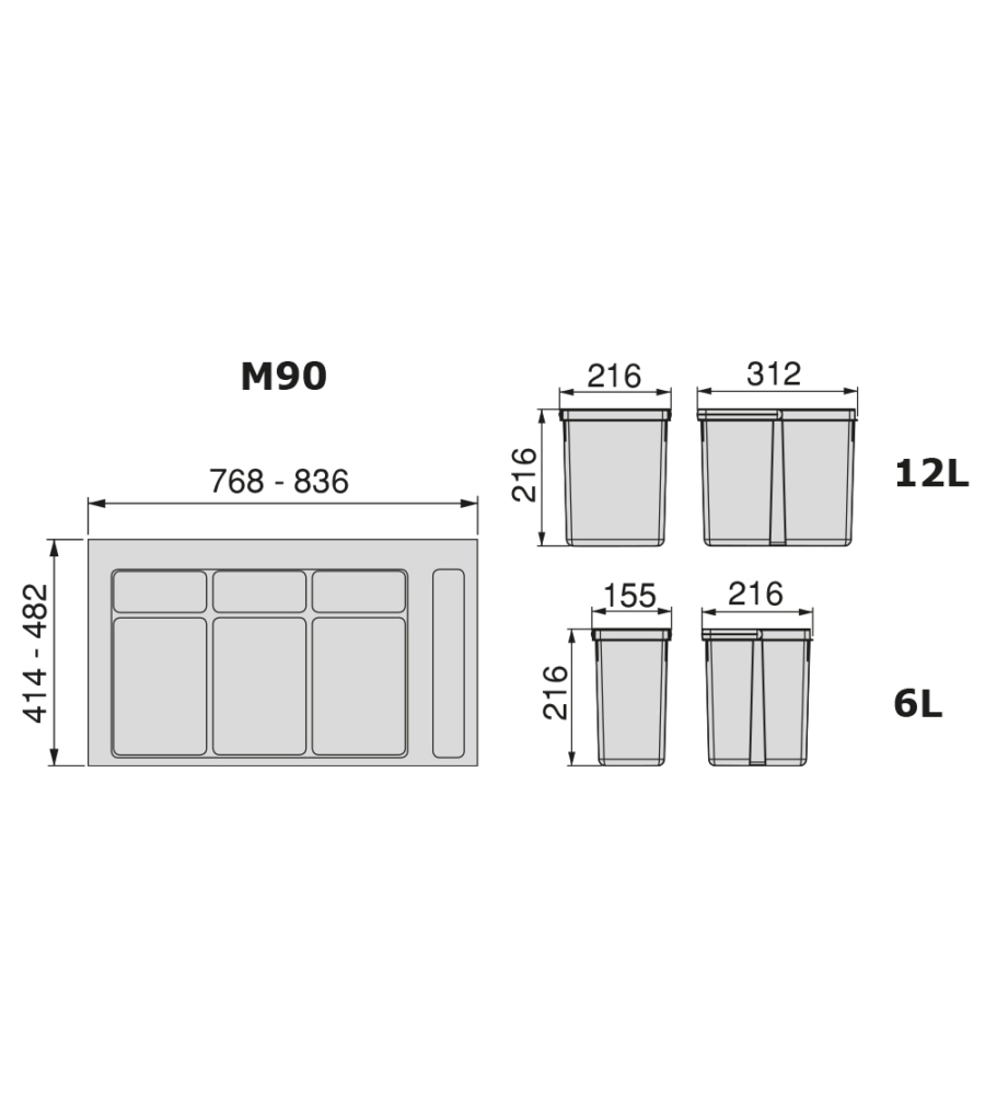 Contenitori per raccolta differenziata 12l+12l+6l+6l per modulo 90 cm, emuca