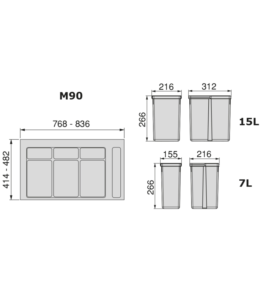 Contenitori per raccolta differenziata 15l+15l+7l+7l modulo 90 cm, emuca