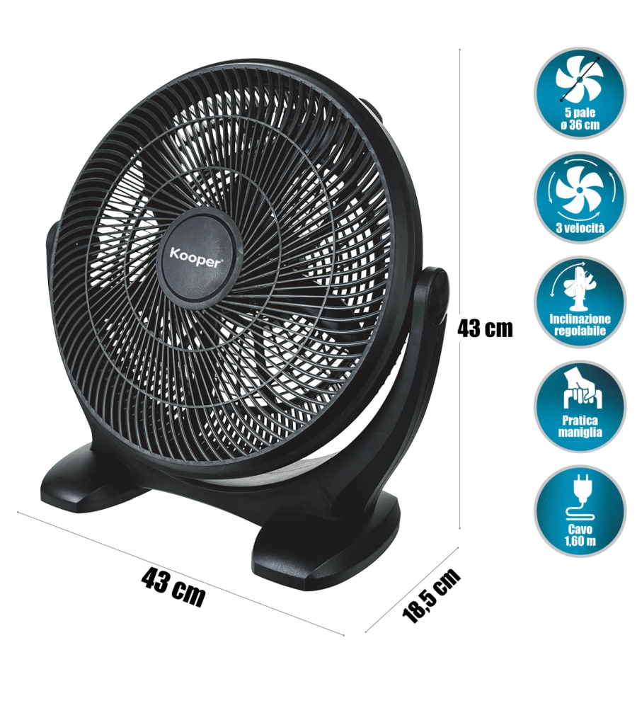 Ventilatore da appoggio box tondo diametro 36 cm con 5 pale e 3 velocitÀ, 50 w