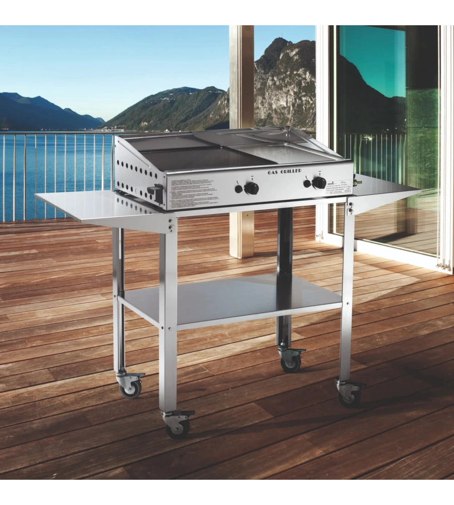 Carrello per plancha in acciaio inox grande, 128,5x46x76 cm - ompagrill