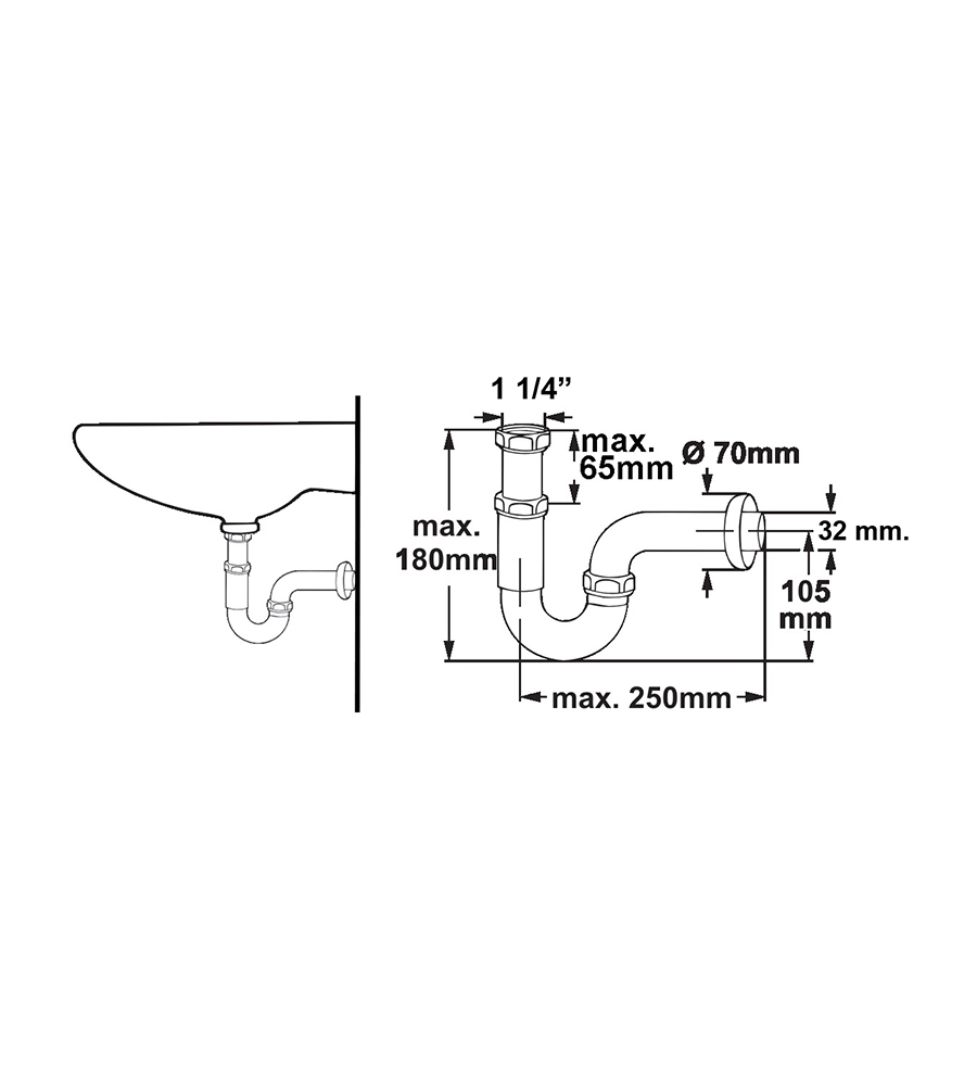 Sifone a "s" 1 1/4" in ottone cromato, per bagno