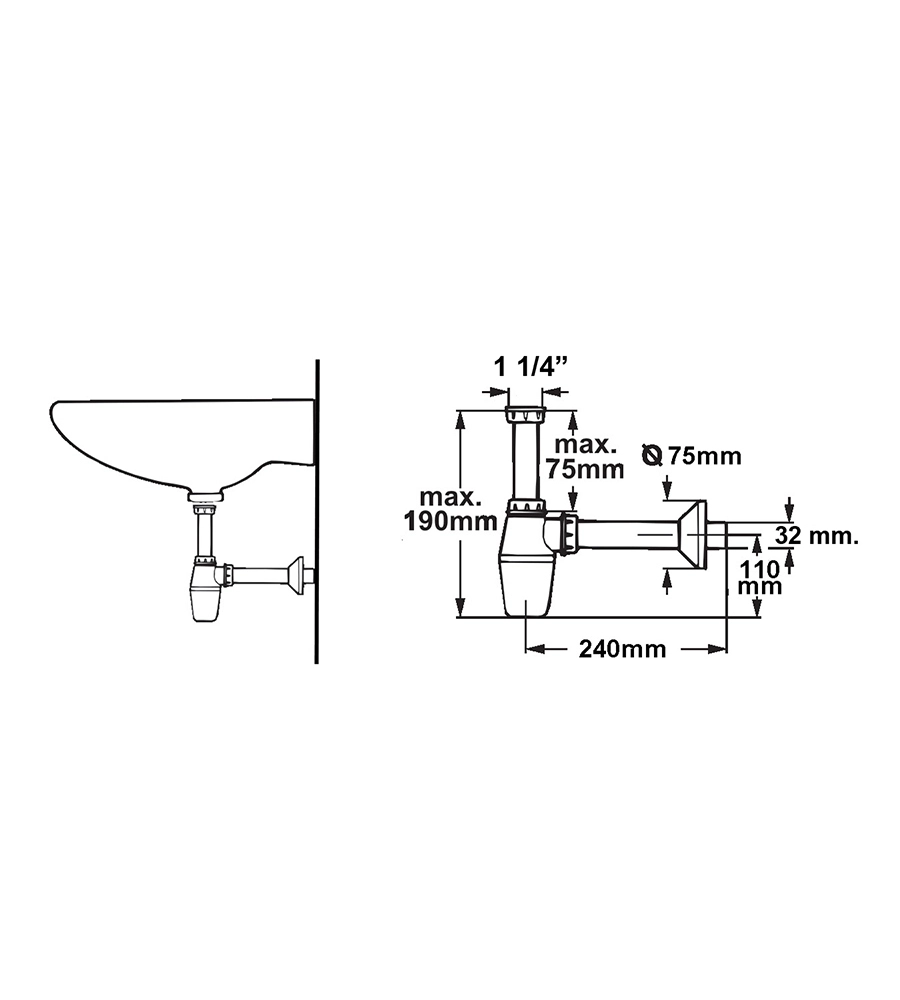 Sifone a bottiglia 1 1/4" in ottone cromato, per bagno