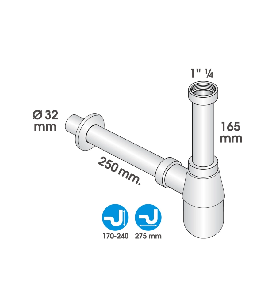 Sifone a bottiglia 1 1/4" in abs cromato, per bagno