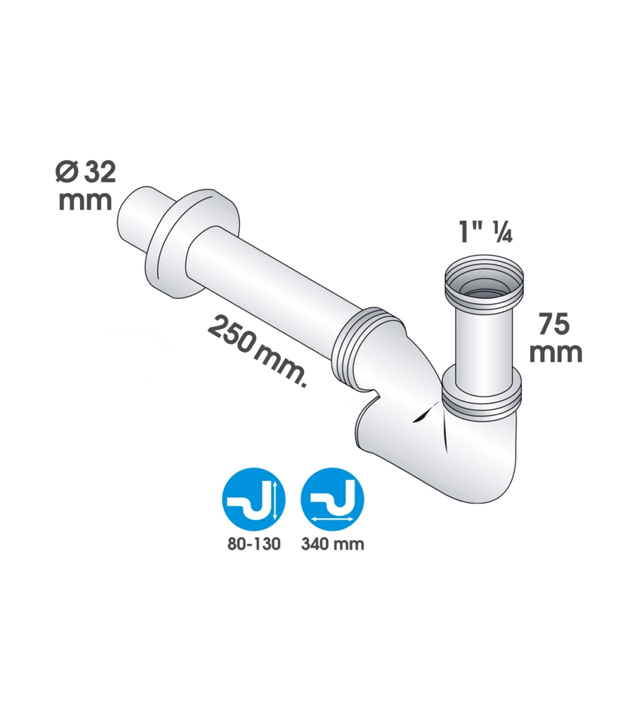 Sifone a "u" 1 1/4" in ottone cromato, per bagno