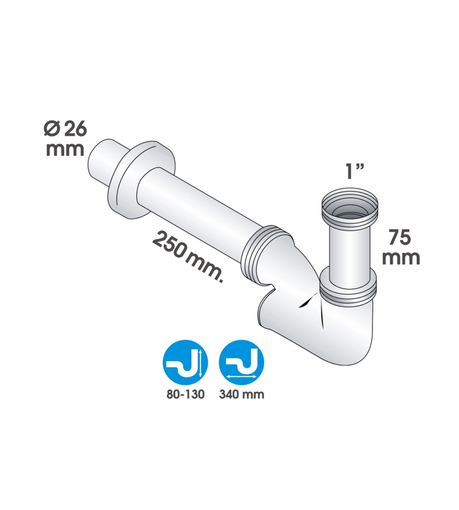 Sifone a "u" 1" in ottone cromato, per bagno