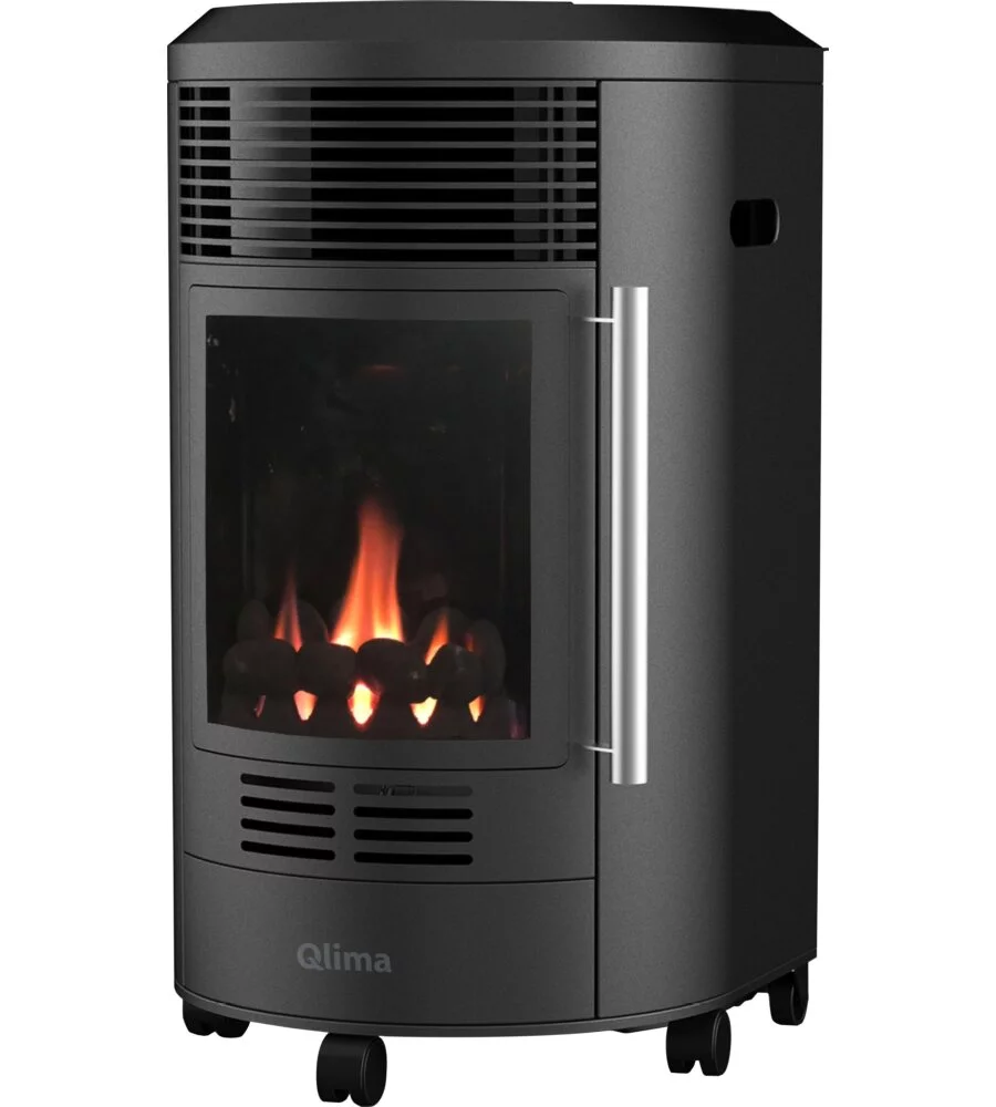 Stufa a gas qlima "gh8034" nero 3,4 kw con fiamma rossa