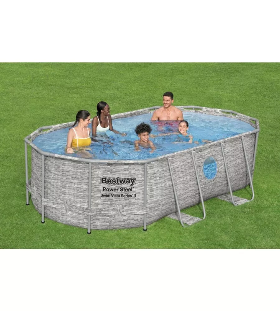 Piscina fuori terra ovale bestway "power steel" effetto finta pietra e oblo' 427x250x100 cm con filtro, scala, copertura e chemconnect - cod. 56714