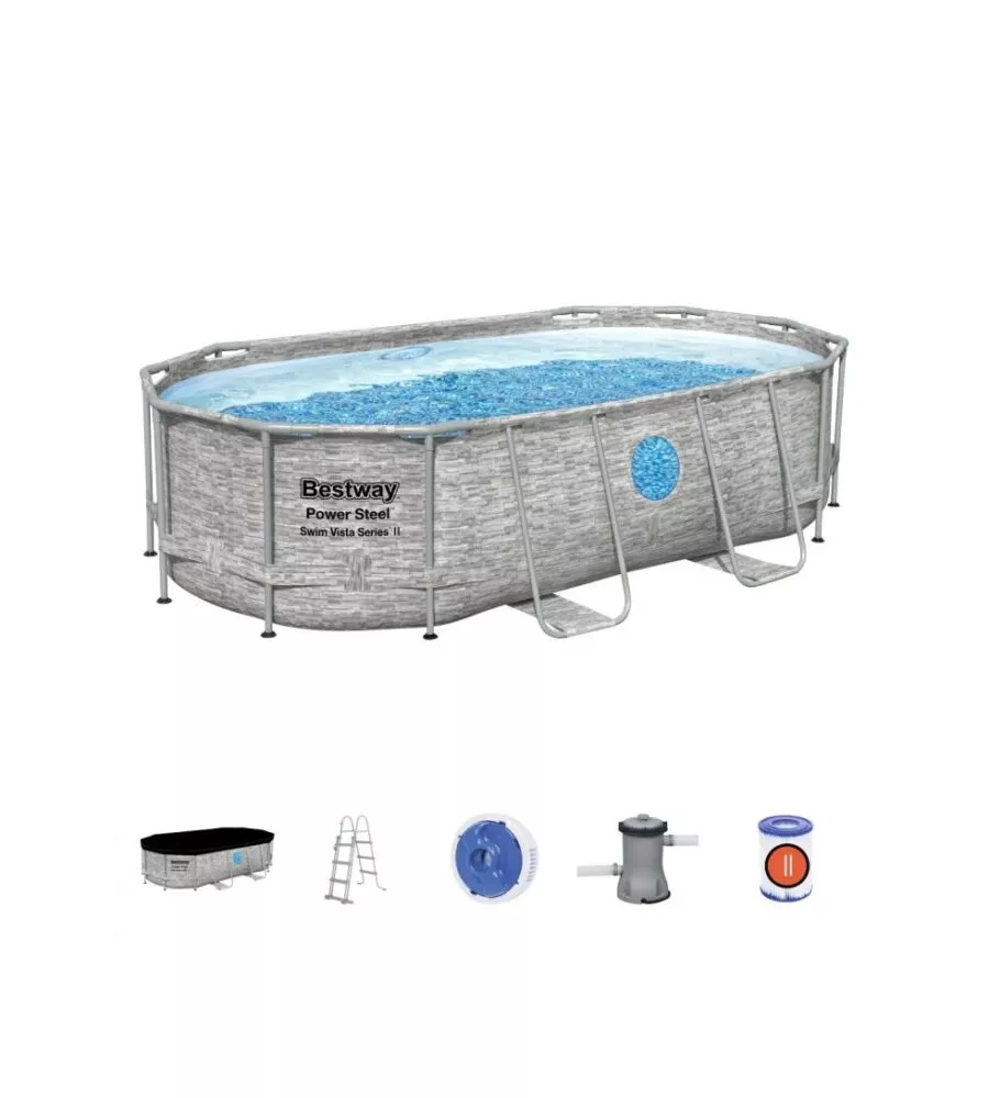 Piscina fuori terra ovale bestway "power steel" effetto finta pietra e oblo' 427x250x100 cm con filtro, scala, copertura e chemconnect - cod. 56714