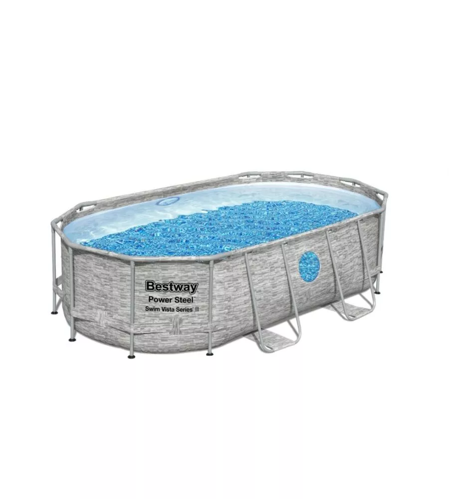 Piscina fuori terra ovale bestway "power steel" effetto finta pietra e oblo' 427x250x100 cm con filtro, scala, copertura e chemconnect - cod. 56714