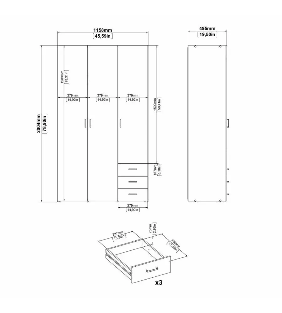 Armadio 'space' con 3 ante e 3 cassetti bianco, 115,8x49,50x200,40 cm