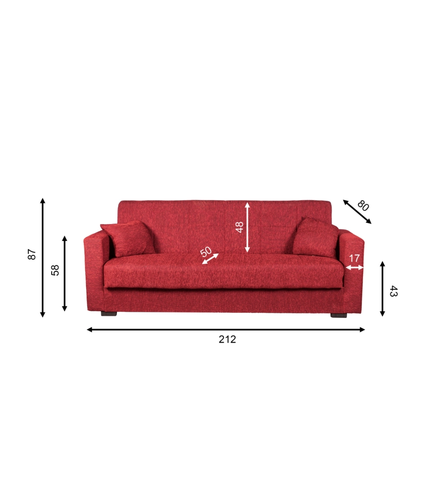 Divano letto "nora" 3 posti in tessuto rosso, 212x80x87 cm