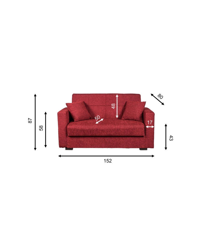 Divano letto "nora" 2 posti in tessuto rosso, 155x80x87 cm