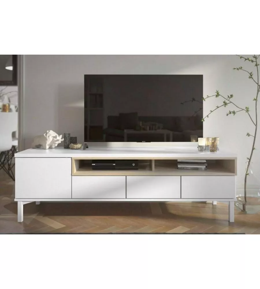 Mobile tv bianco e legno con 1 anta e 3 cassetti, 156x48x48 cm