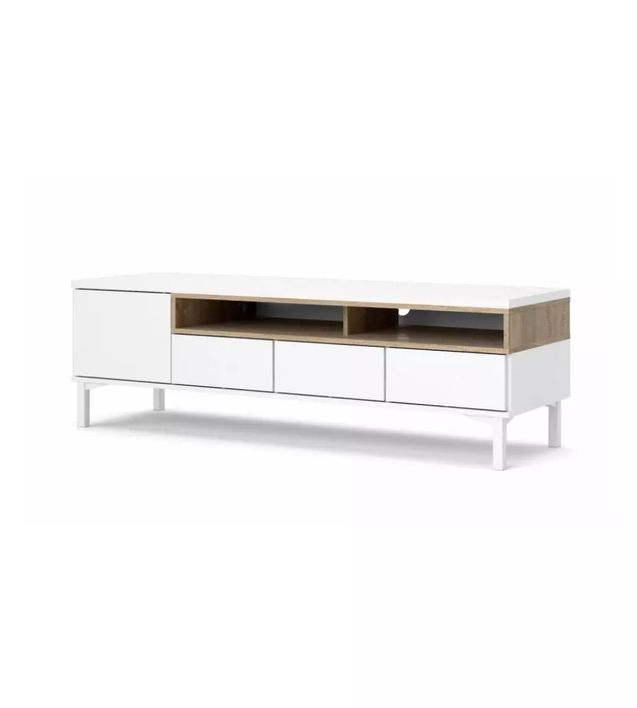 Mobile tv bianco e legno con 1 anta e 3 cassetti, 156x48x48 cm