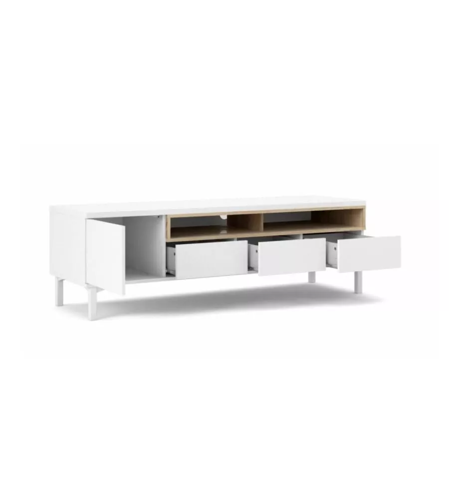 Mobile tv bianco e legno con 1 anta e 3 cassetti, 156x48x48 cm