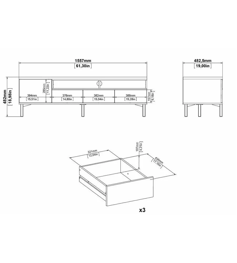 Mobile tv bianco e legno con 1 anta e 3 cassetti, 156x48x48 cm