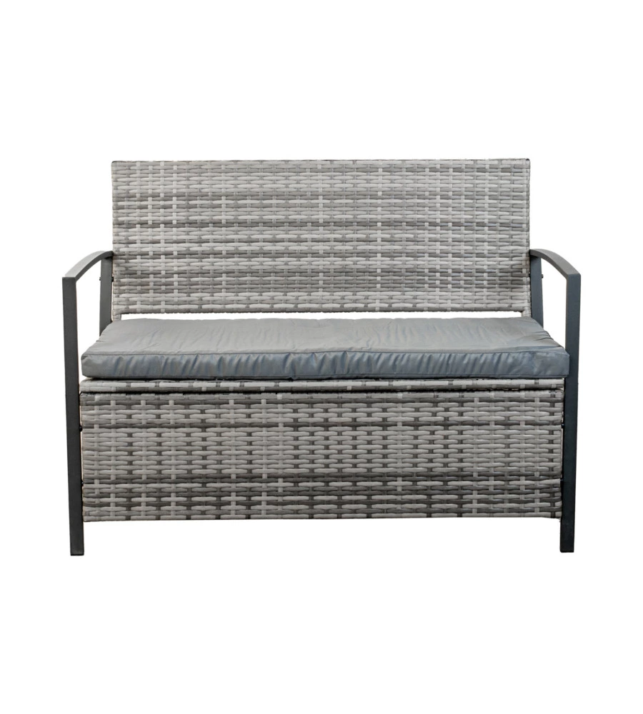 Panchina da esterno euro garden "maia" in metallo e pe rattan con contenitore e cuscino grigio, 118x58x87 cm