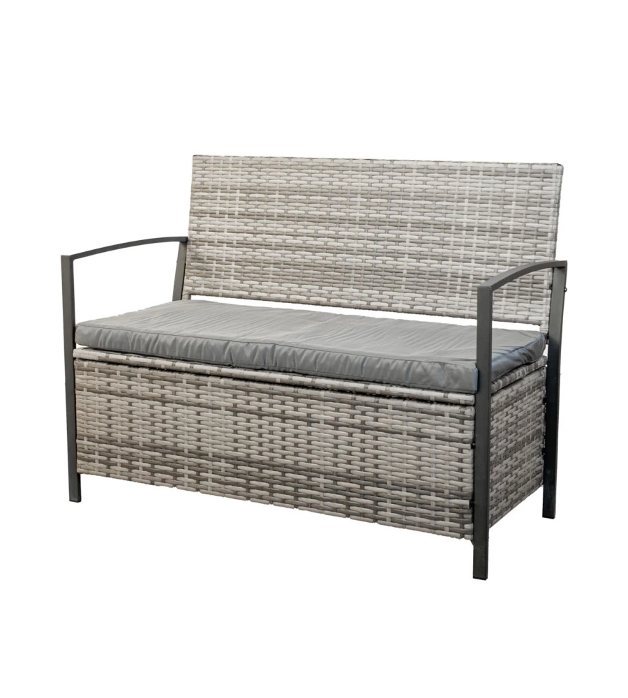 Panchina da esterno euro garden "maia" in metallo e pe rattan con contenitore e cuscino grigio, 118x58x87 cm