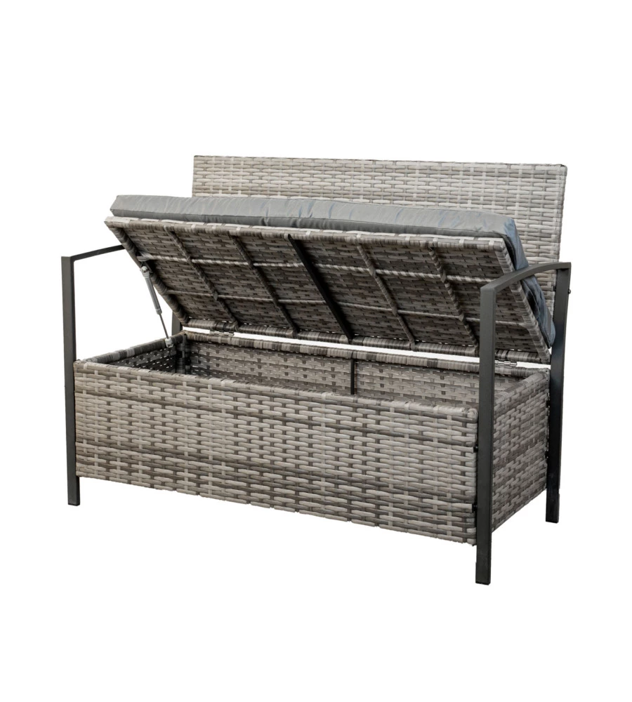 Panchina da esterno euro garden "maia" in metallo e pe rattan con contenitore e cuscino grigio, 118x58x87 cm