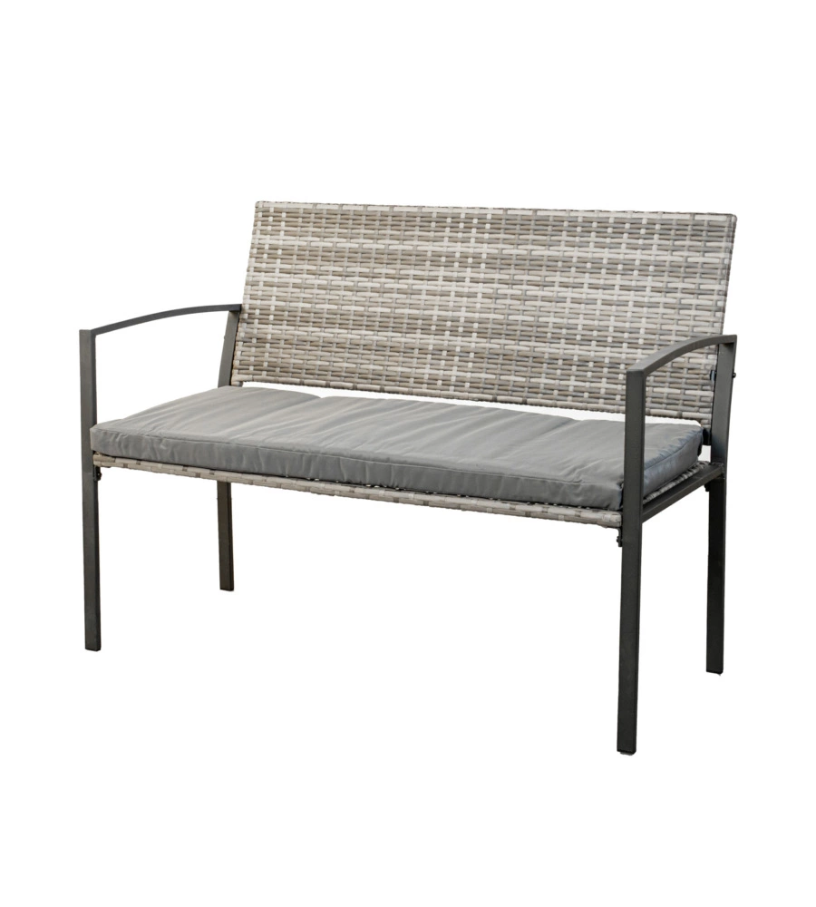 Panchina da esterno euro garden "spring" in metallo e pe rattan con cuscino grigio, 115x60x87 cm