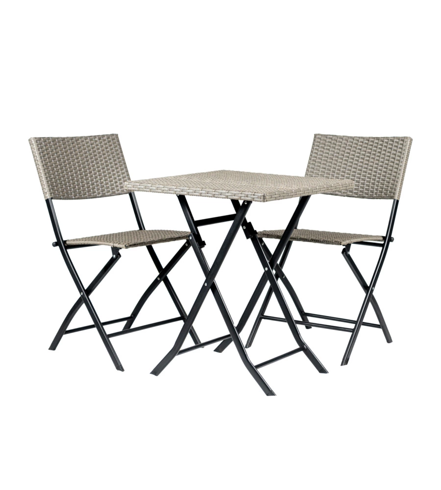 Set da esterno pieghevole euro garden "chicago" in acciaio e pe rattan colore grigio, 2 sedute e tavolino