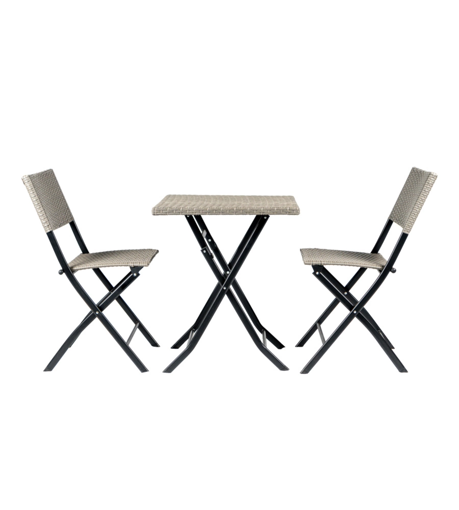 Set da esterno pieghevole euro garden "chicago" in acciaio e pe rattan colore grigio, 2 sedute e tavolino