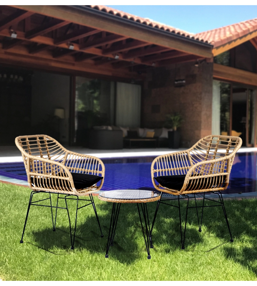 Set da esterno euro garden "miami" in metallo e pe rattan colore naturale, 2 sedute e tavolino