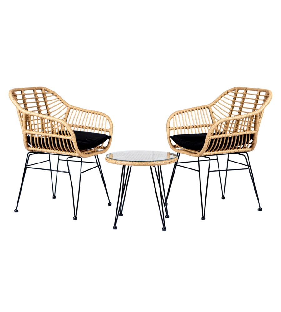 Set da esterno euro garden "miami" in metallo e pe rattan colore naturale, 2 sedute e tavolino