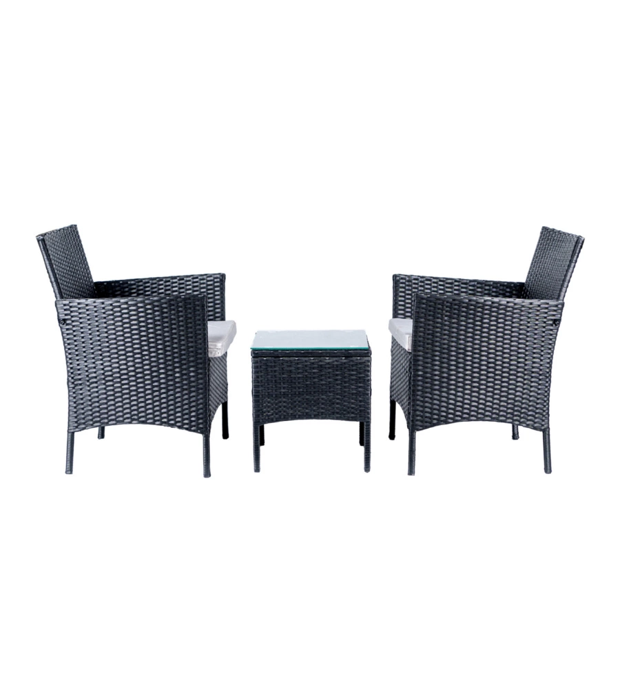 Set da esterno euro garden "lipsia" in rattan con cuscini colore grigio, 2 sedute e tavolino