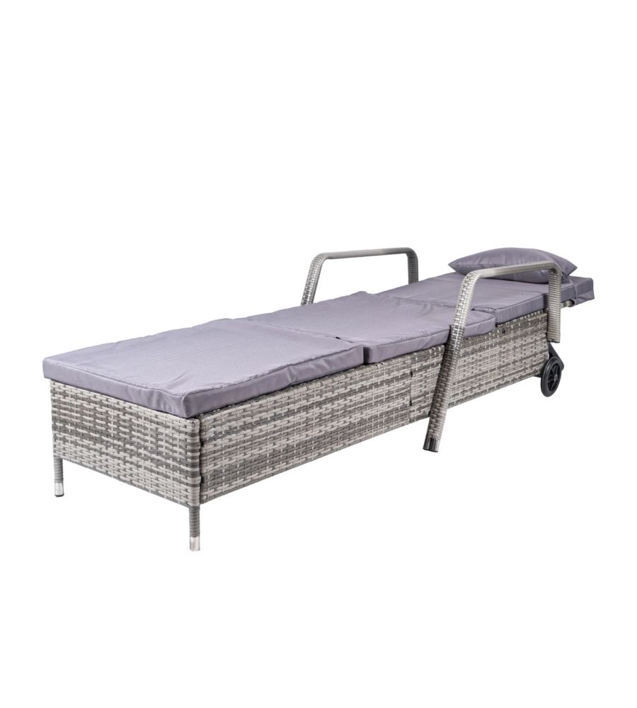 Lettino da esterno "holiday" in polyrattan grigio con cuscini e ruote, dimensioni 210x66x33 cm