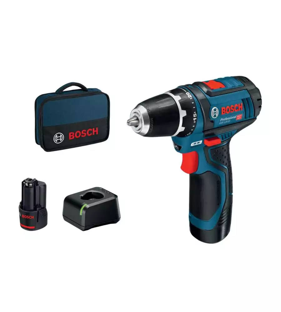 Trapano avvitatore a batteria gsr 12v-15 con 2 batterie 12v 2ah professionale - bosch blu