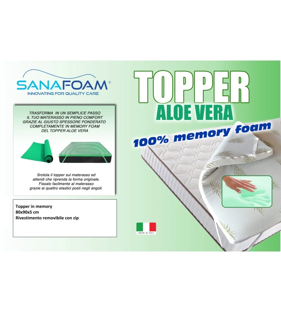 Topper singolo in memory foam con aloe, 80x190x5 cm