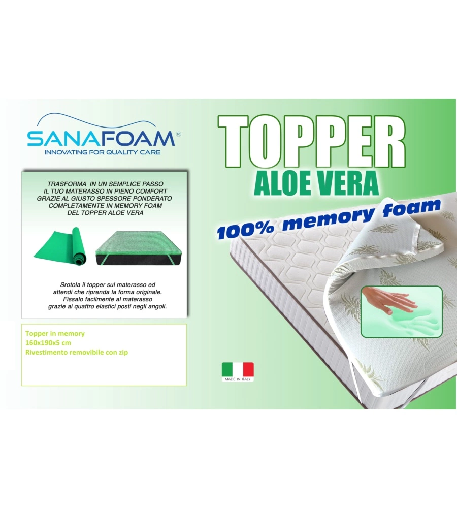 Topper matrimoniale in memory foam con aloe, 160x190x5 cm