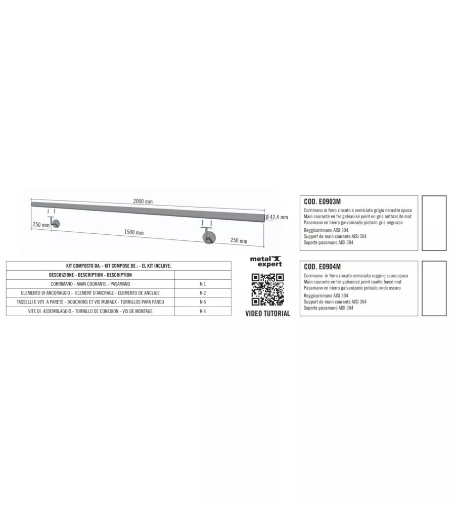 Corrimano tondo in ferro zincato grigio antracite da 2 metri - kit completo con ancoraggio