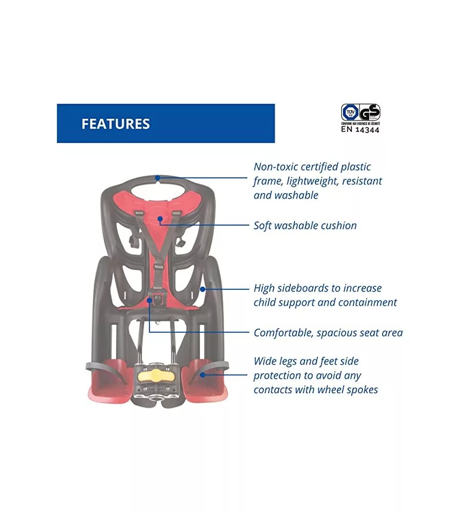 Seggiolino posteriore nero e rosso per bicicletta per bambini, max. 22 kg, da 3 a 8 anni - si fissa al telaio