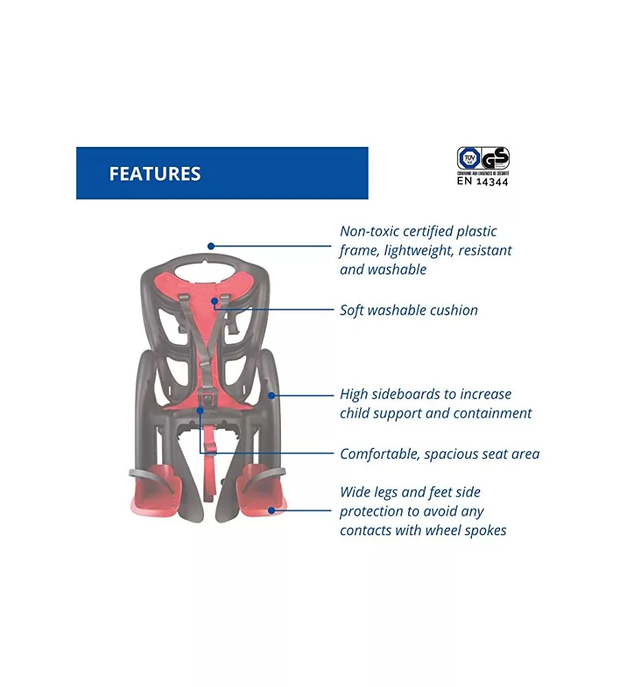 Seggiolino posteriore nero e rosso per bicicletta per bambini, max. 22 kg, da 3 a 8 anni - si fissa al portapacchi