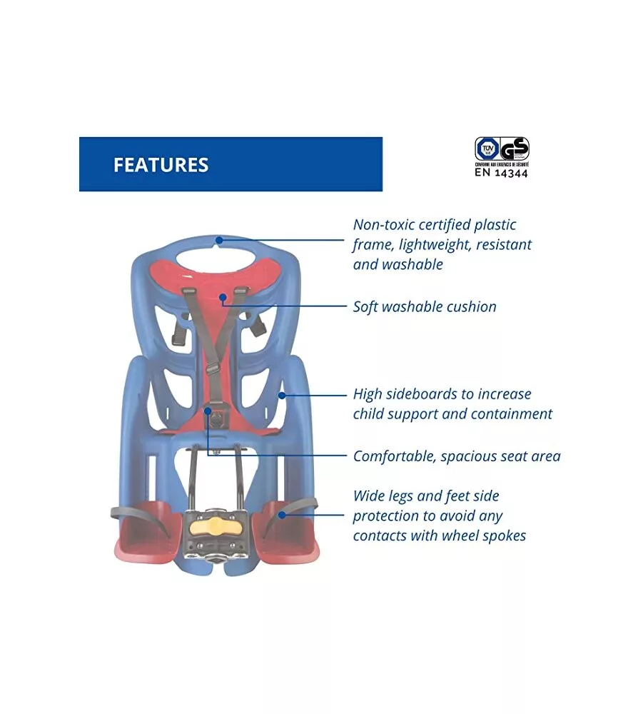 Seggiolino posteriore blu per bicicletta per bambini, max. 22 kg, da 3 a 8 anni - si fissa al telaio
