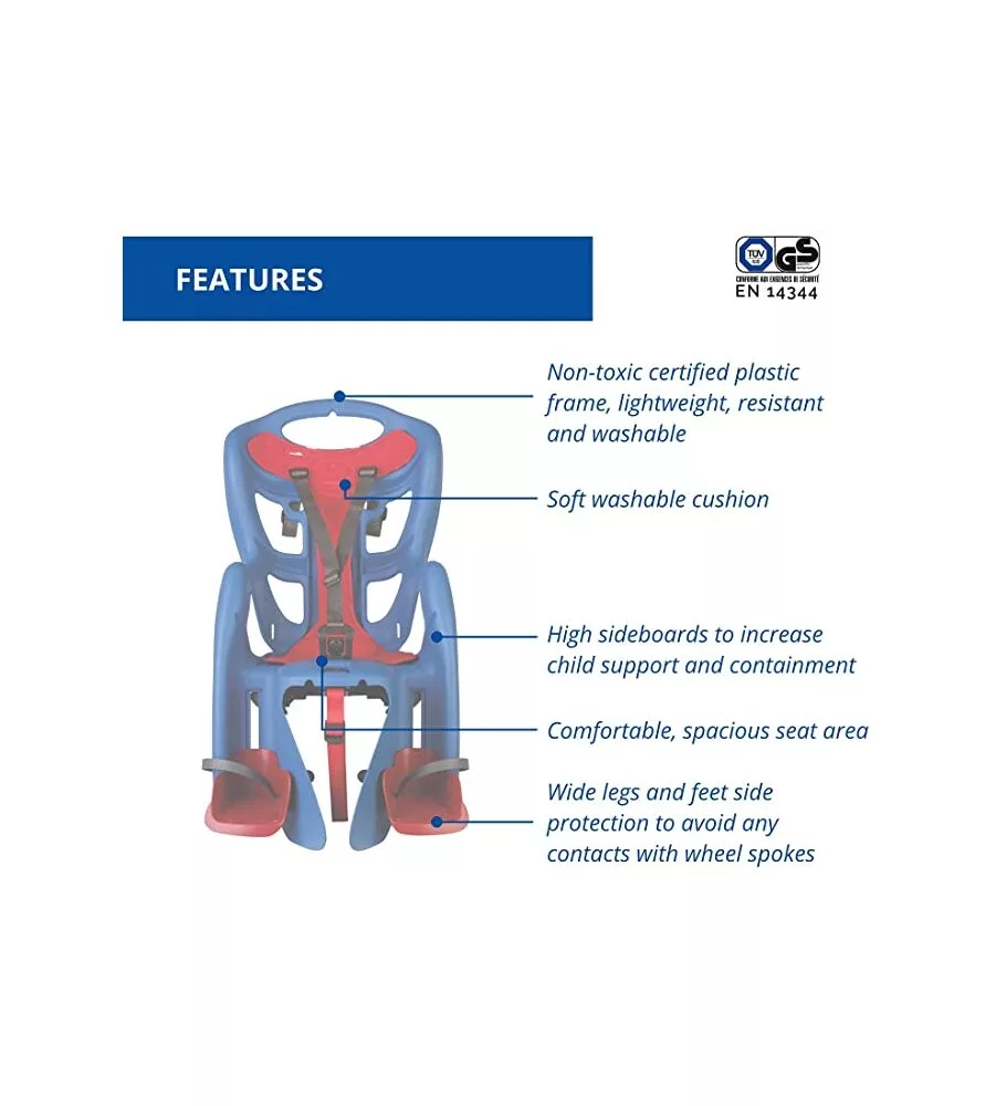 Seggiolino posteriore blu per bicicletta per bambini, max. 22 kg, da 3 a 8 anni - si fissa al portapacchi