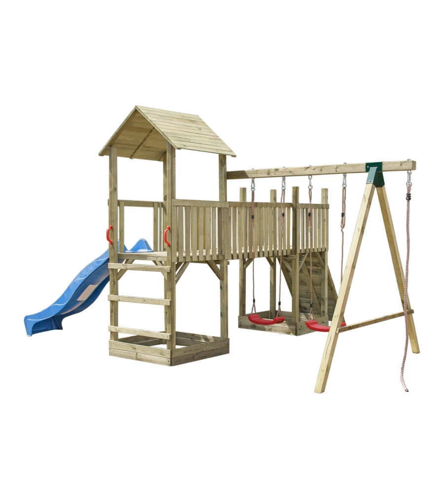 Gioco da giardino per bambini con torretta doppia, scivolo e altalena, 480x410x280 cm